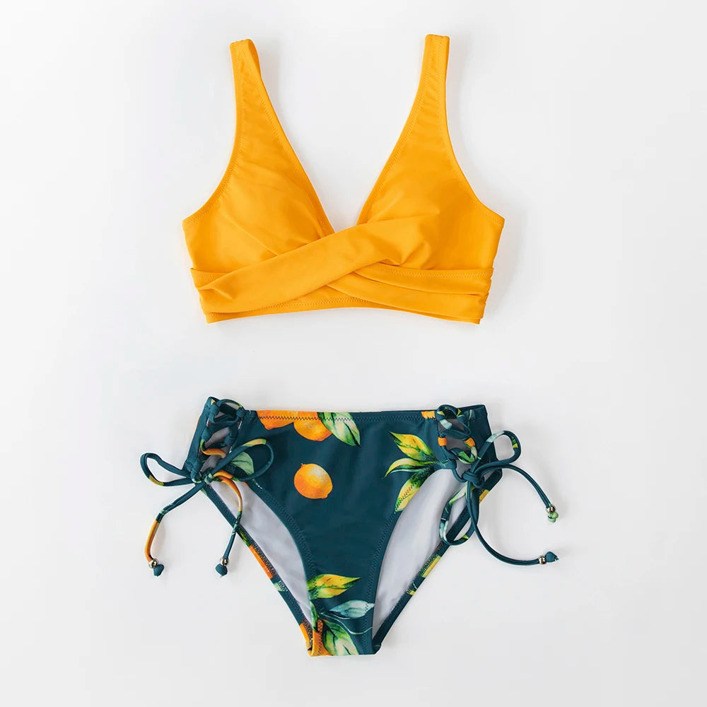 Bikini de Tirantes con Cordones Floral Amarillo y Azul - Cintura Media