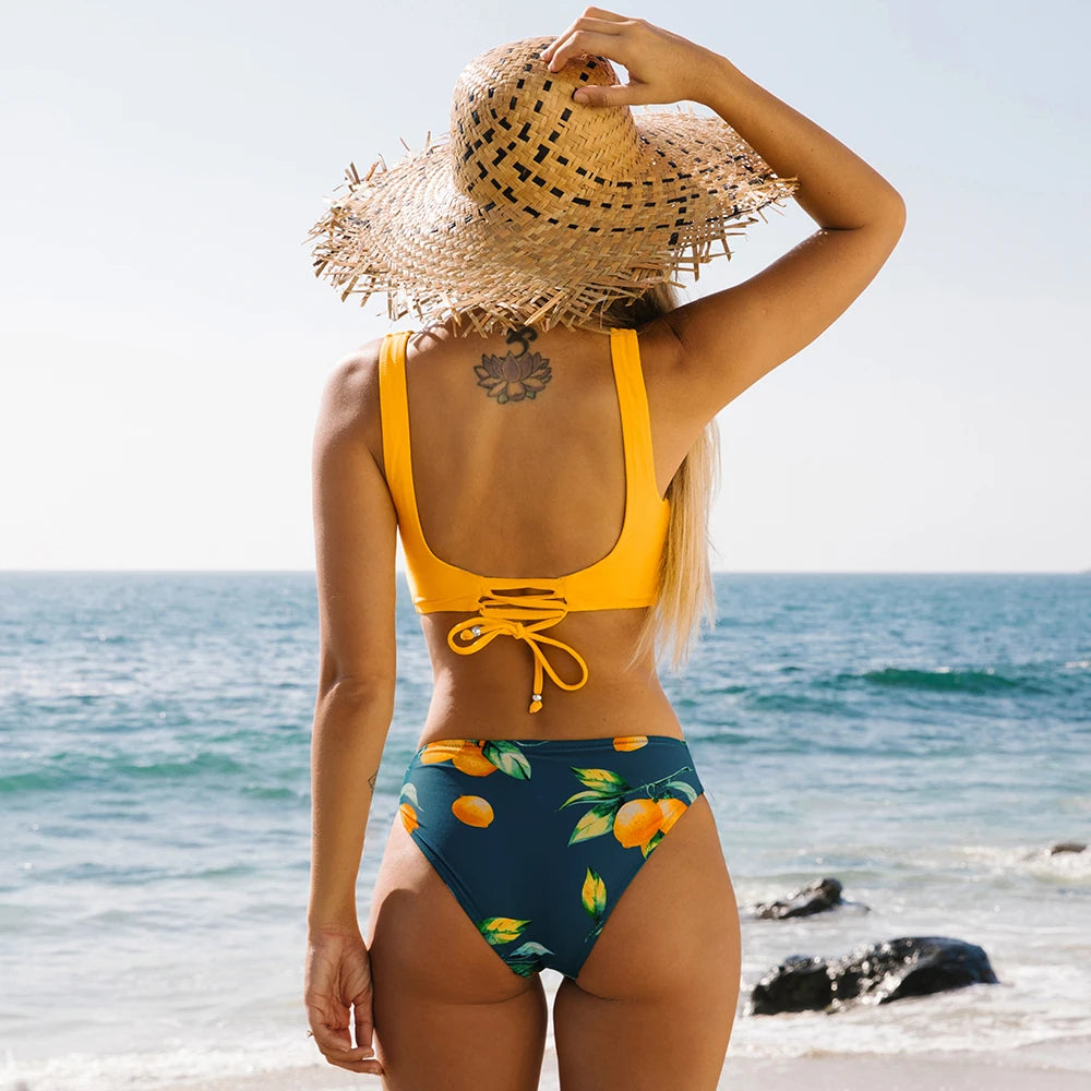Bikini de Tirantes con Cordones Floral Amarillo y Azul - Cintura Media